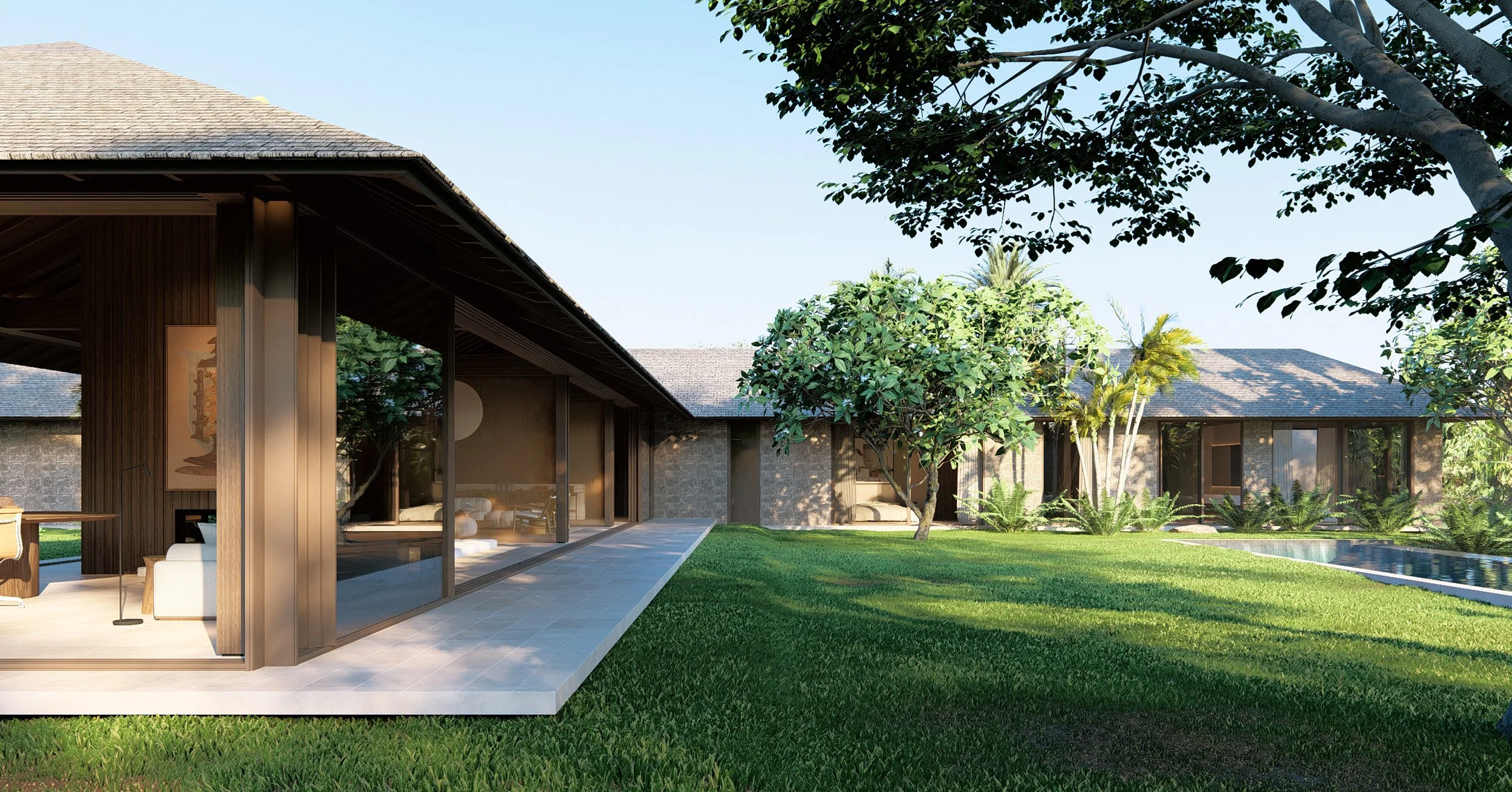 Contemporary tropical villa design by Atelier Alejandro Borrego in Bali and Lombok, featuring a seamless indoor-outdoor living concept.