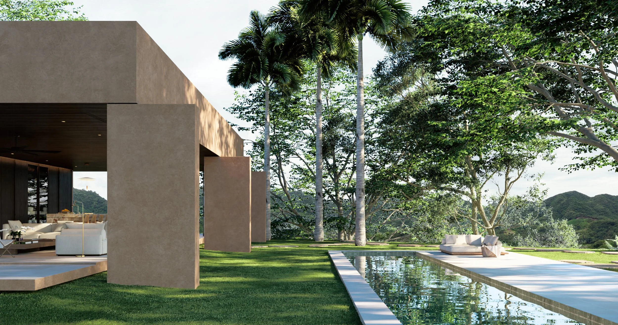 Emphasis on the bold geometric volumes and structural columns that provide shade while maintaining a strong connection to nature.