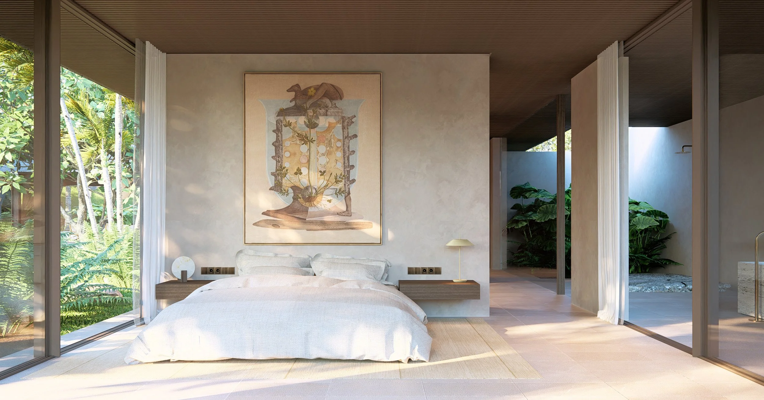 Luxury tropical bedroom design at Kelusa House by Atelier Alejandro Borrego, featuring floor-to-ceiling glass walls and private garden access in Bali and Lombok.