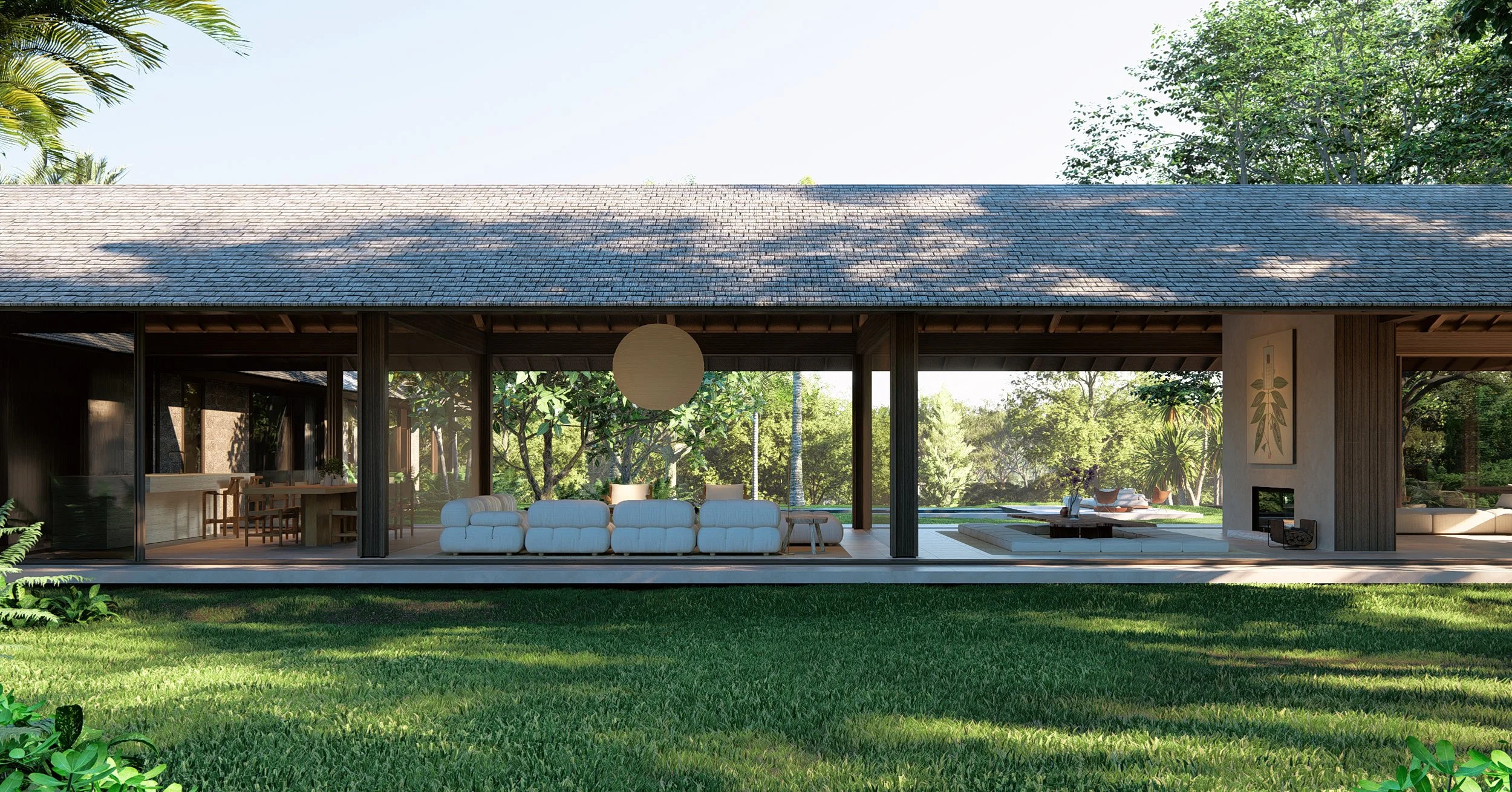 Open air tropical living space at Kelusa house designed with natural ventilation, warm timber structure, and contemporary Balinese architecture.