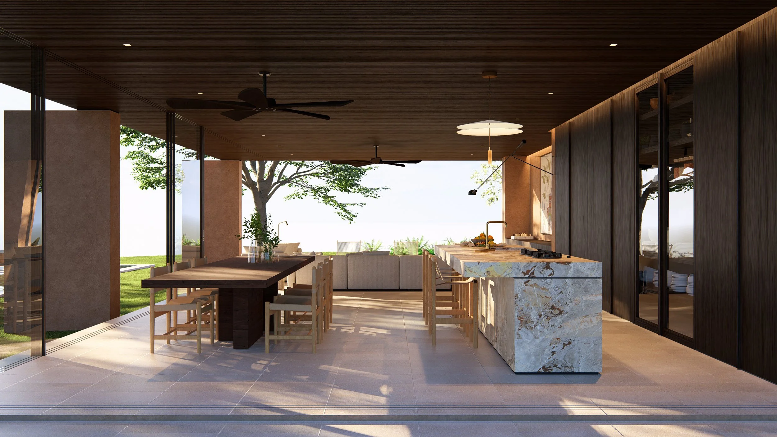 Detailed view of the dining area where solid wood furniture adds warmth to the sharp, contemporary architectural lines.
