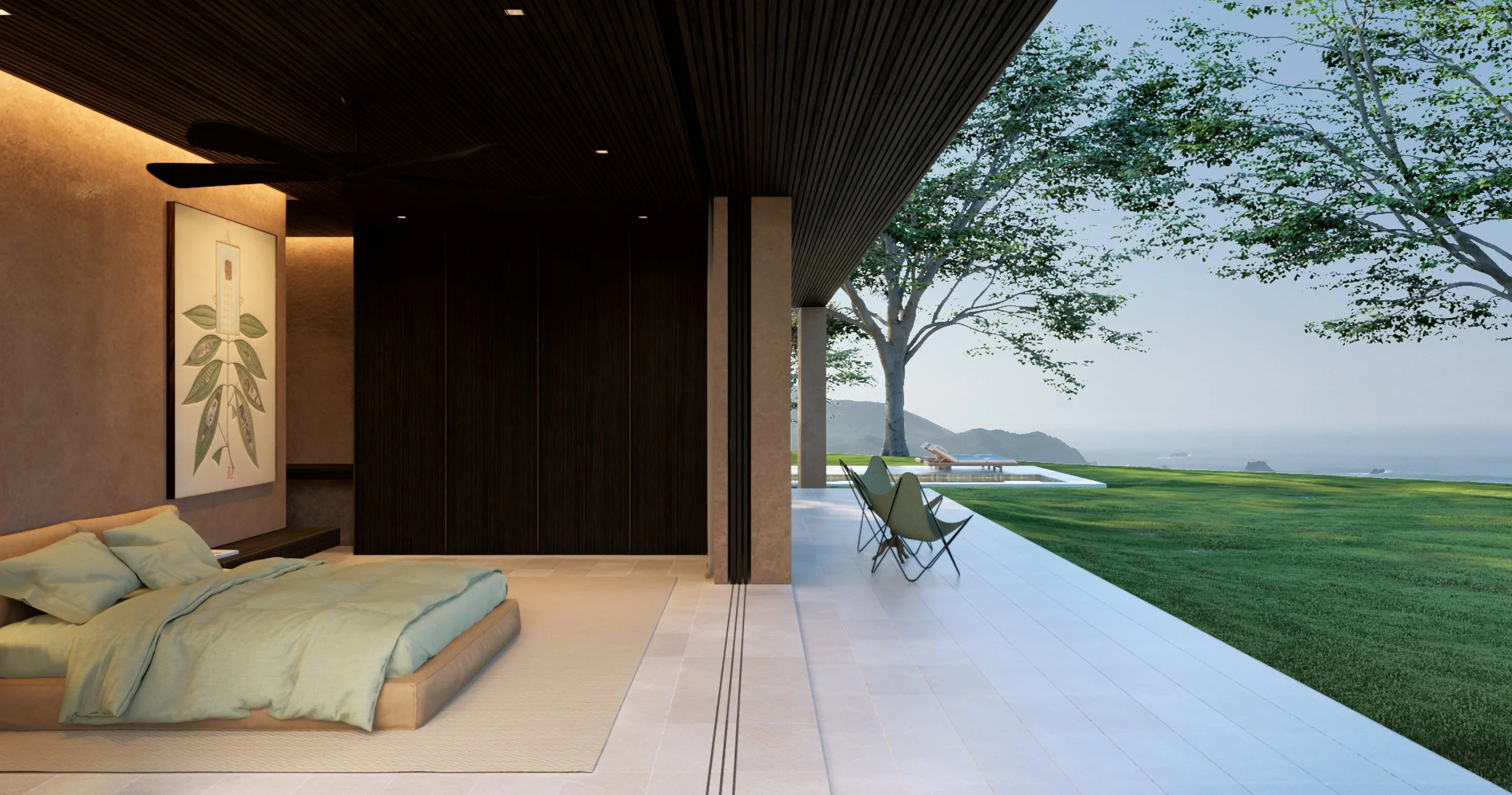 Master bedroom opening directly to the gardens, offering high privacy with a calming palette of earth-toned materials.