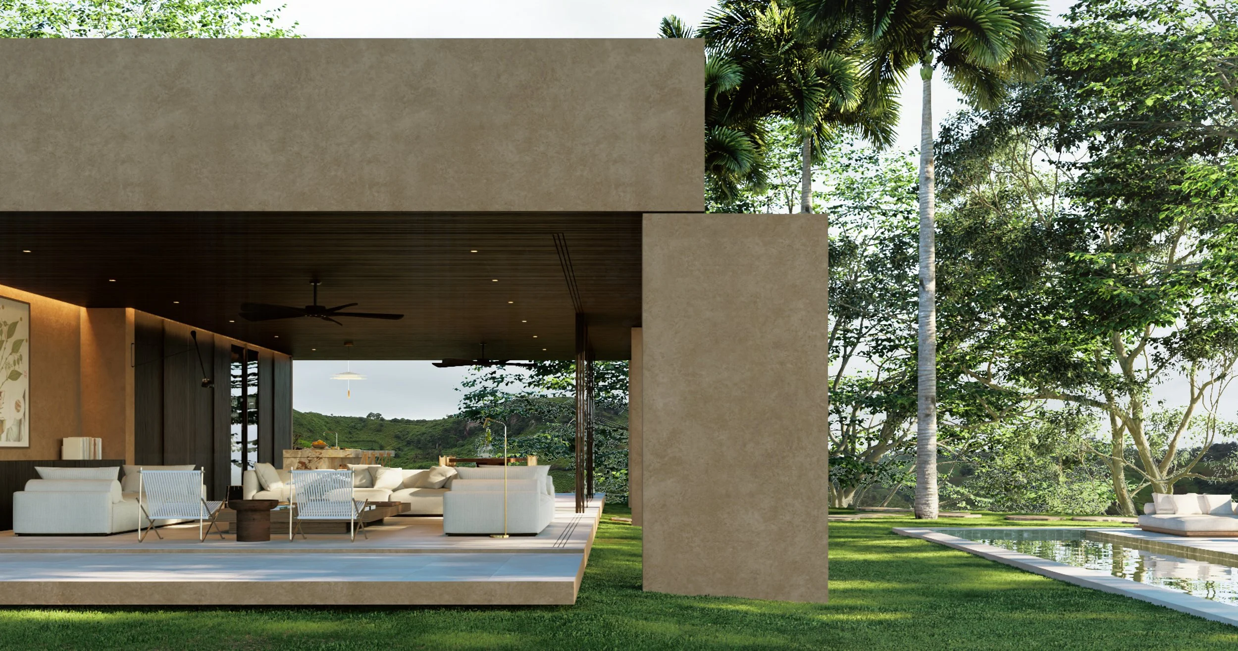 A contemporary perspective of Cascada House highlighting the clean lines of the flat roof and the use of organic materials that blend with the environment.
