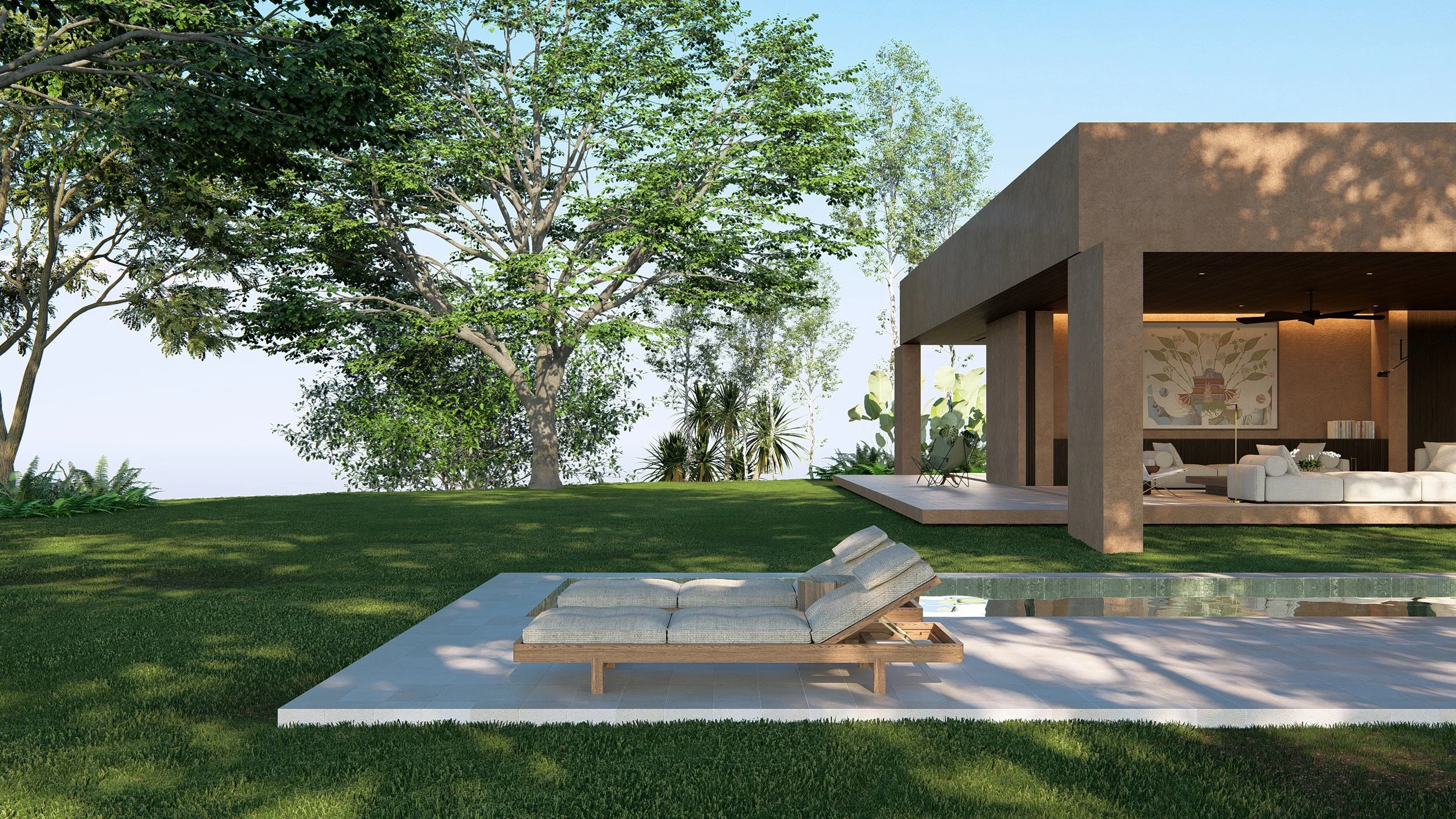 Poolside relaxation area oriented for the best sunset views over the pristine coastline of Lombok.