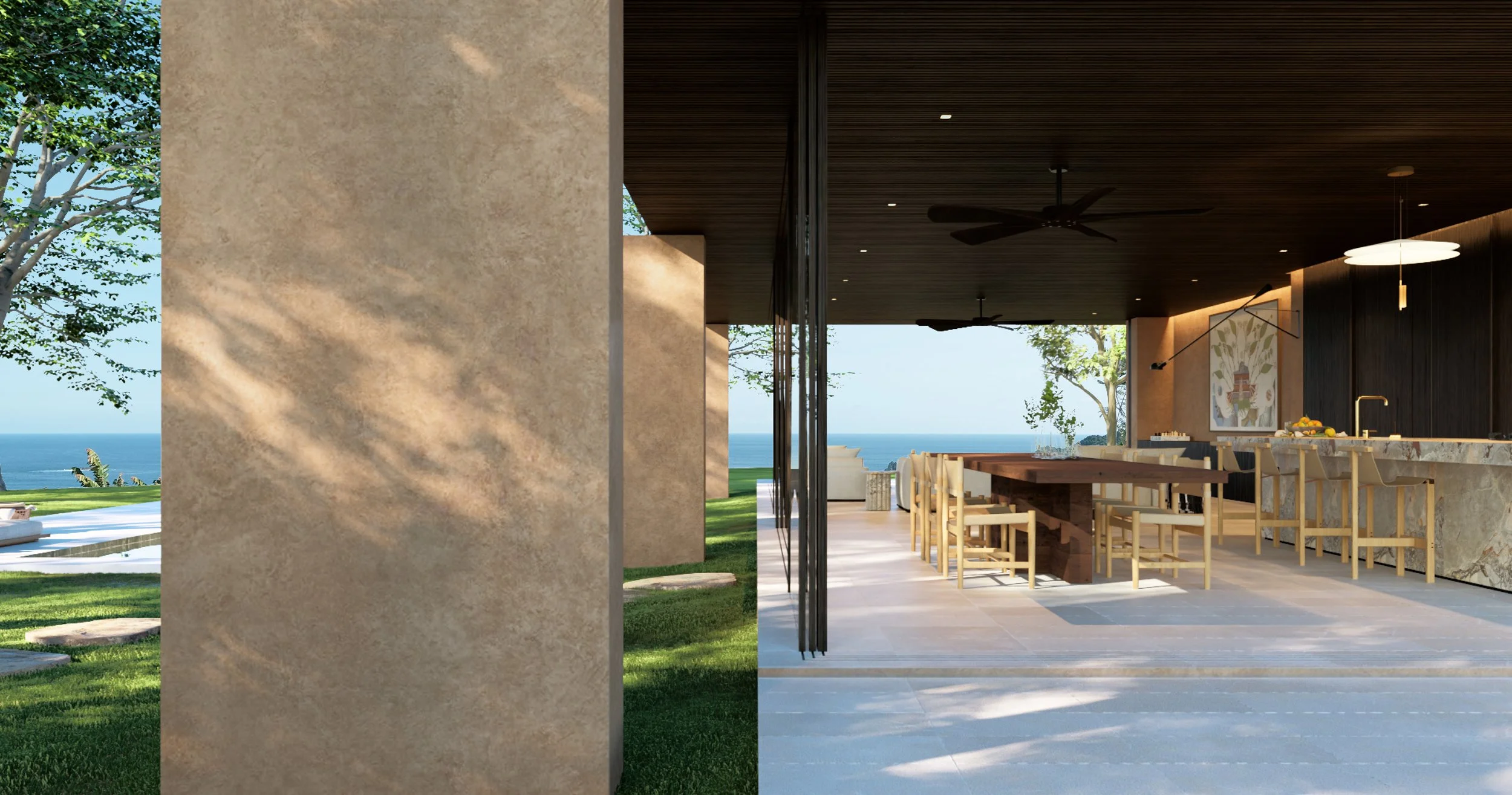 Semi-outdoor dining area designed to maximize ocean views and natural cross-ventilation, a core principle of sustainable tropical design.