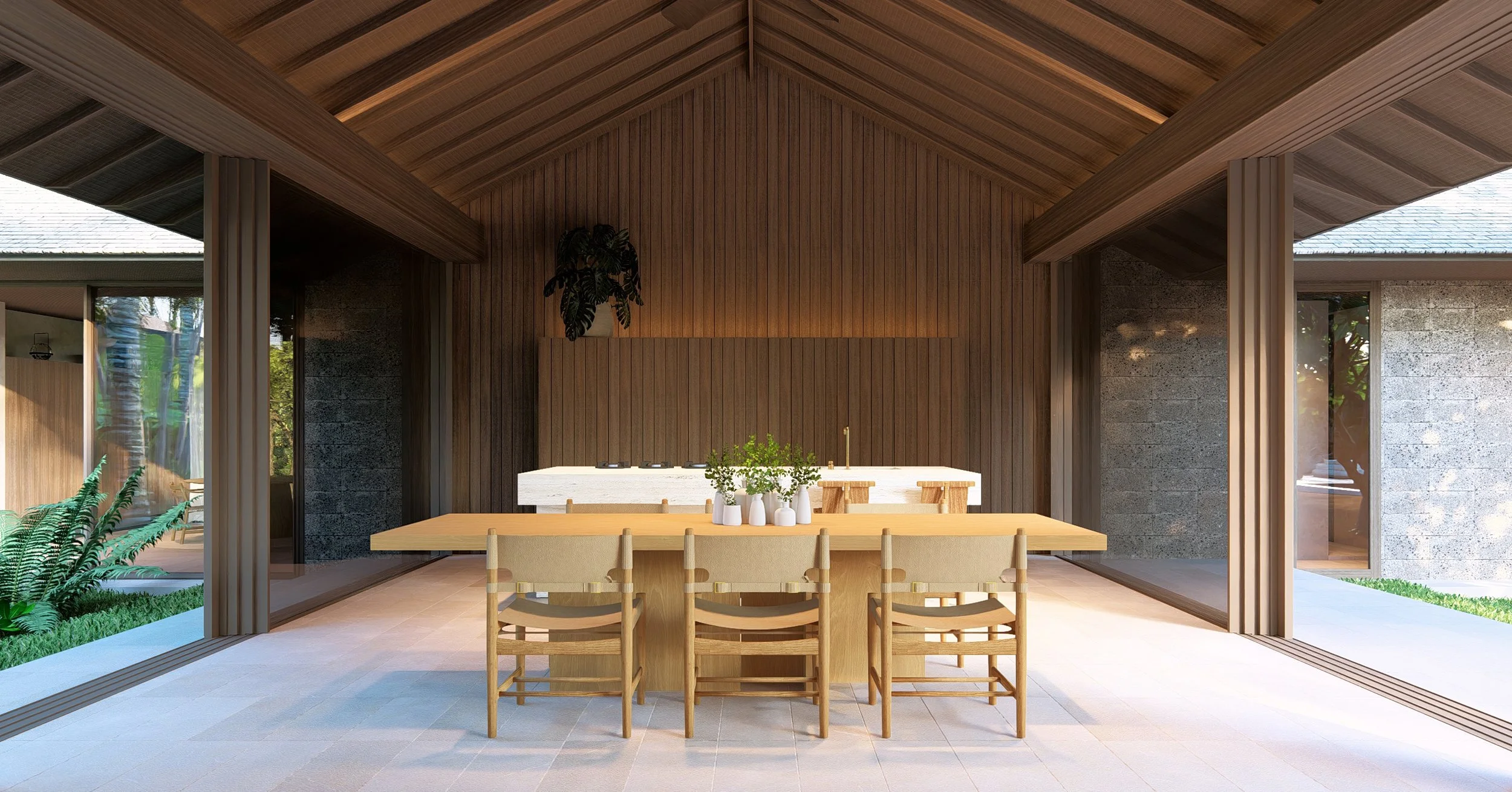 Luxury open-concept dining area and minimalist kitchen with timber wall cladding at Kelusa House, designed by architects in Bali and Lombok.