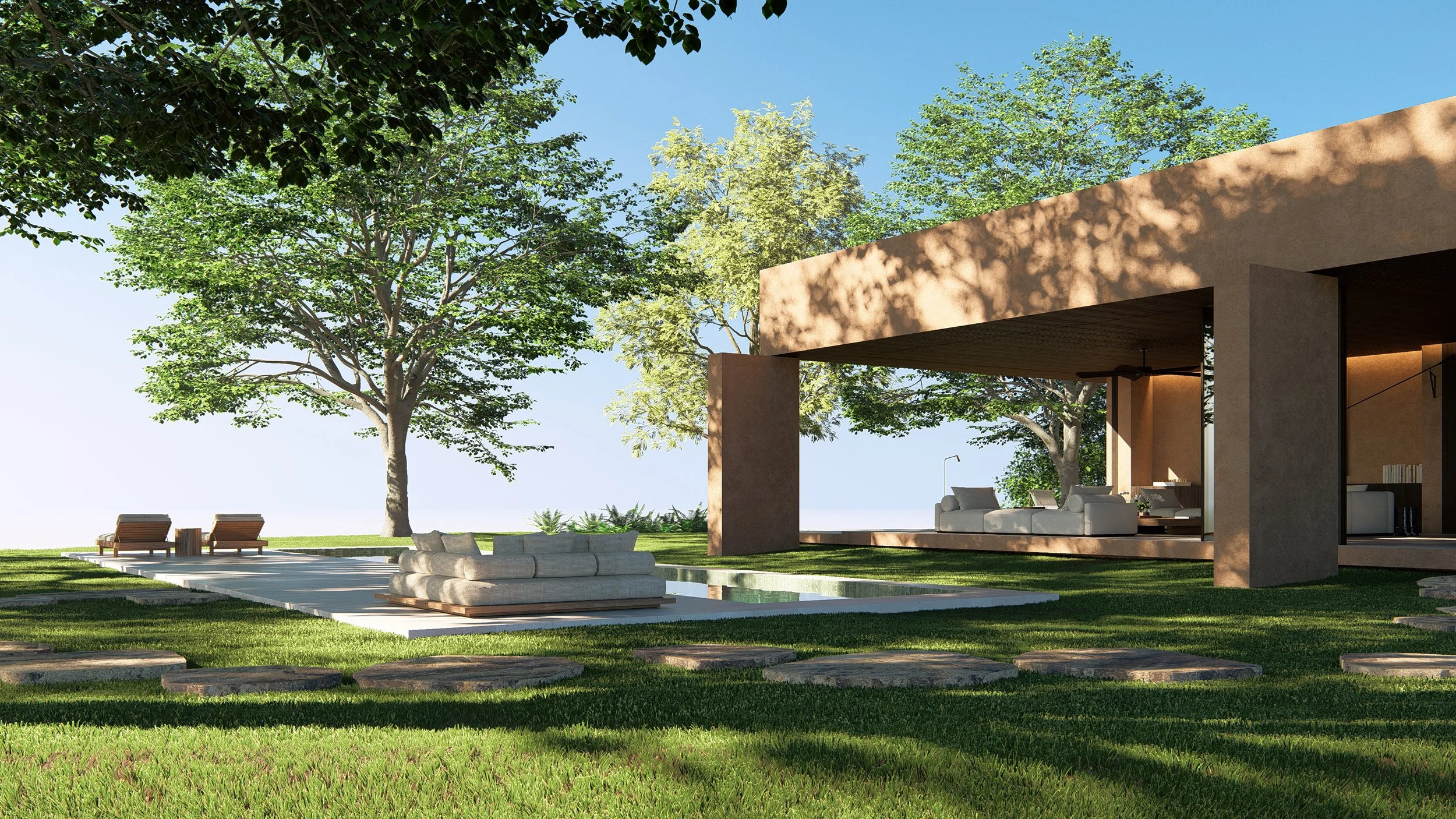 Natural stone pathways connecting different villa volumes, emphasizing a grounded and earth-conscious design concept.