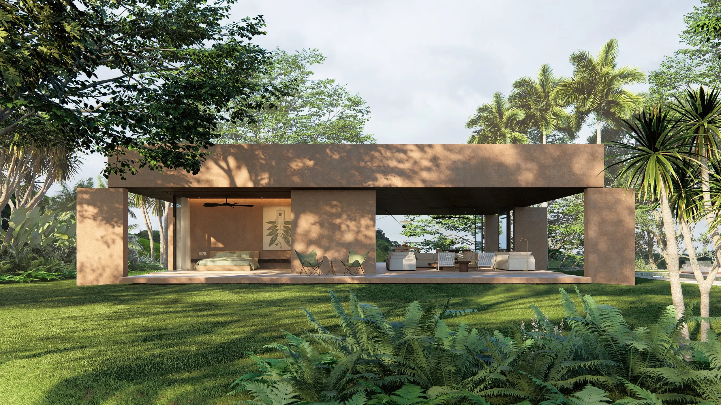 The main facade of Cascada House showcasing layered architectural volumes that provide natural cooling and modern aesthetic appeal.
