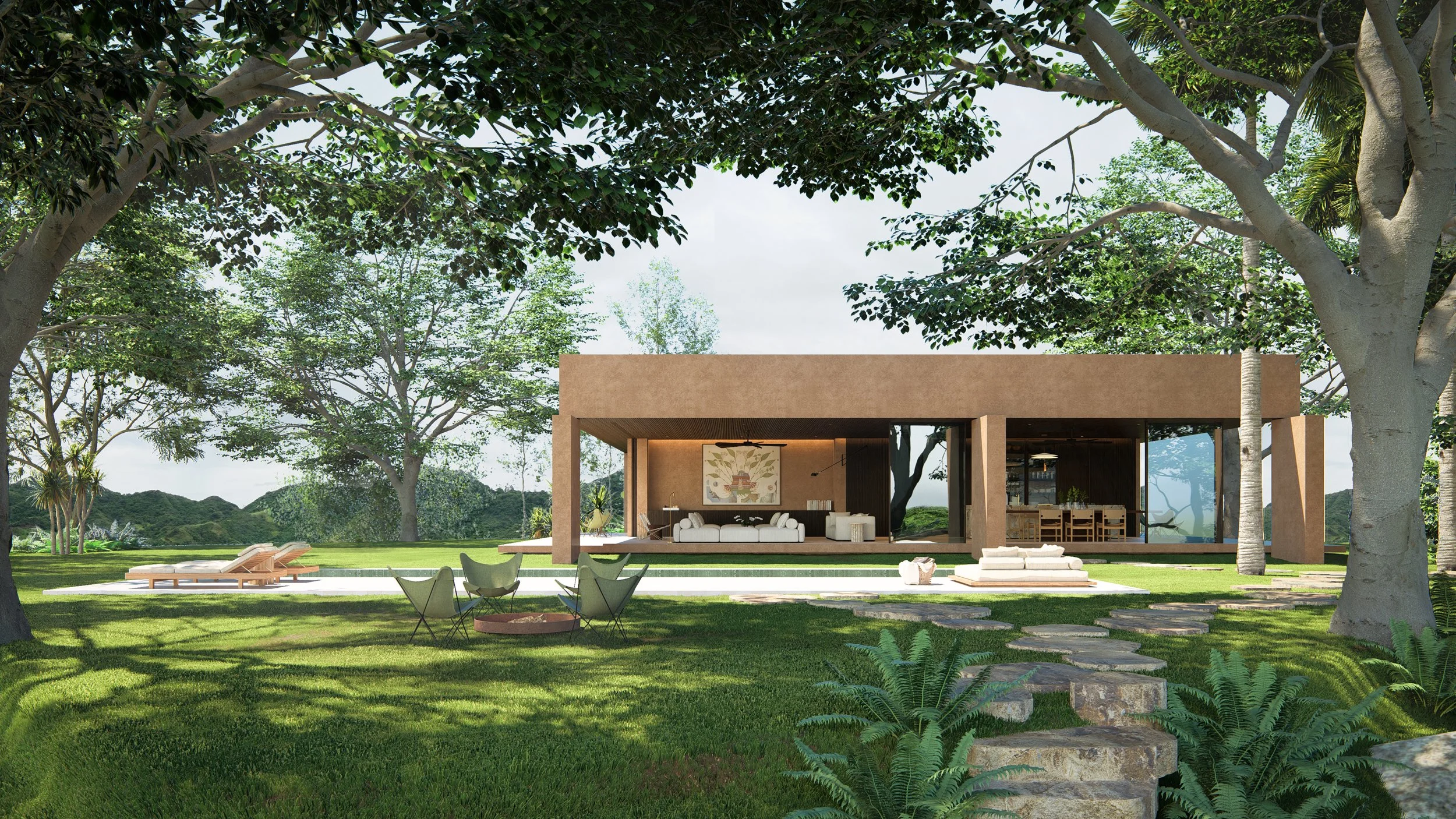 Harmony between the built environment and expansive gardens, featuring an outdoor fire pit area for sunset relaxation.