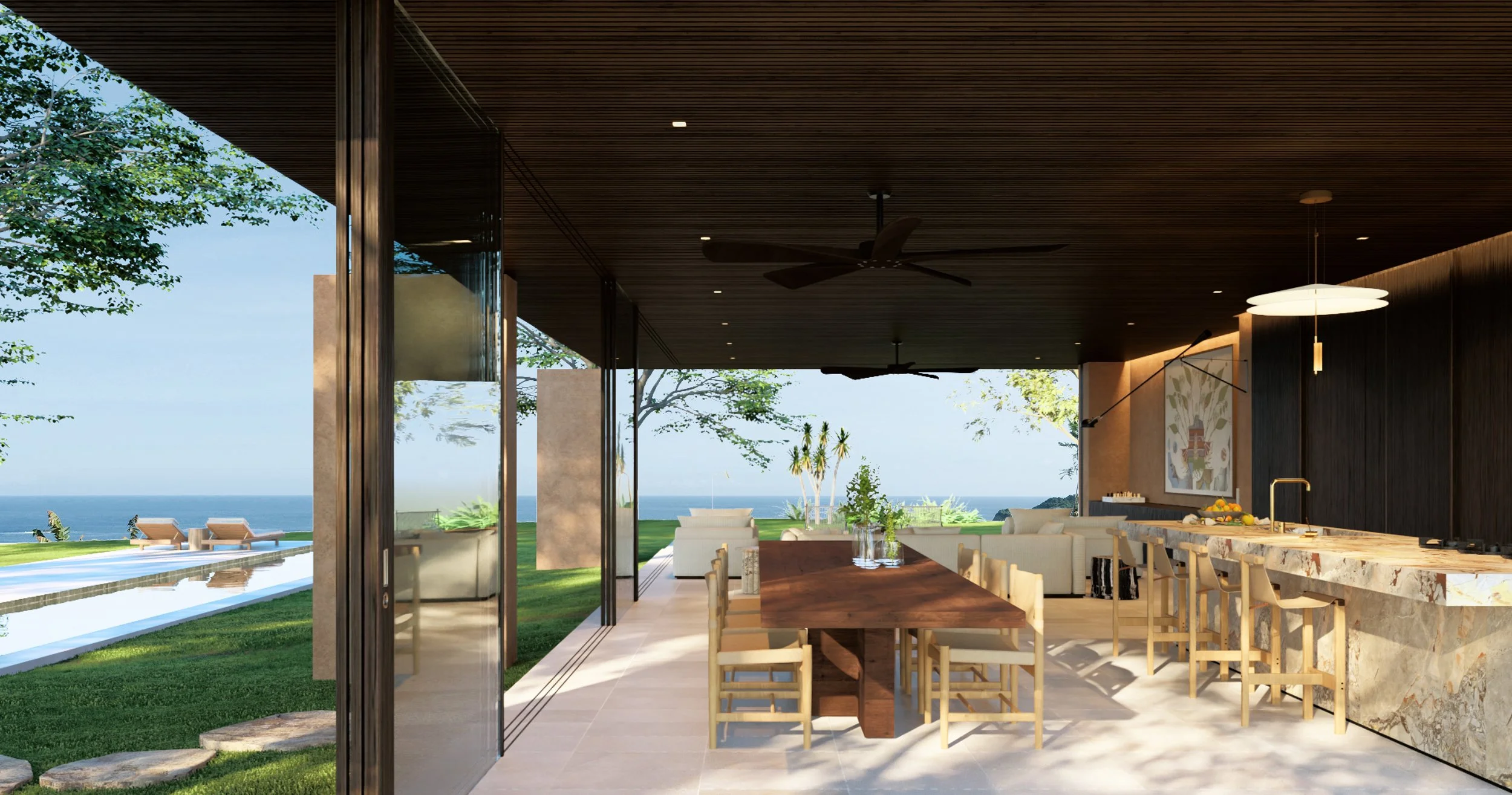 Minimalist kitchen design featuring premium marble and warm timber, reflecting a sophisticated tropical lifestyle.
