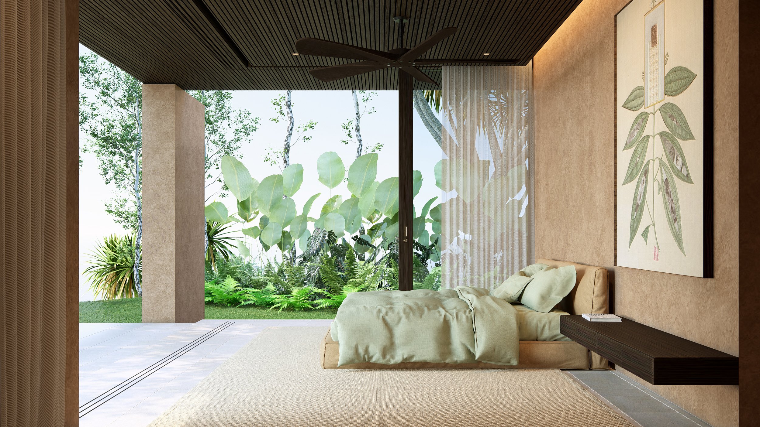 Focus on textured wall finishes and organic decor that strengthen the tropical character of Atelier Alejandro Borrego’s design.