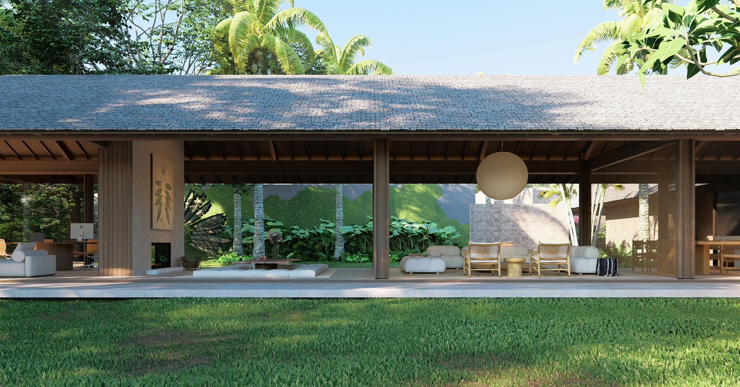 Open-air luxury pavilion at Kelusa House by Atelier Alejandro Borrego, showcasing tropical modern architecture with lush garden views in Bali and Lombok.