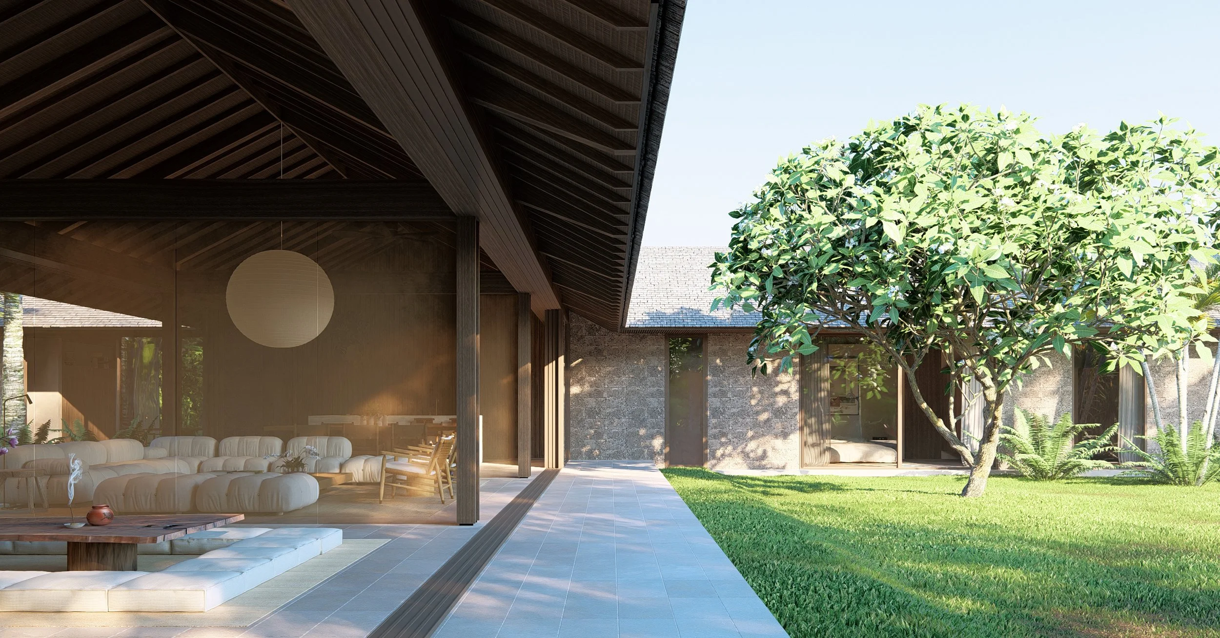 Open living pavilion of Kelusa house, a luxury tropical villa in Bali designed by Atelier Alejandro Borrego with natural materials and seamless indoor outdoor living.