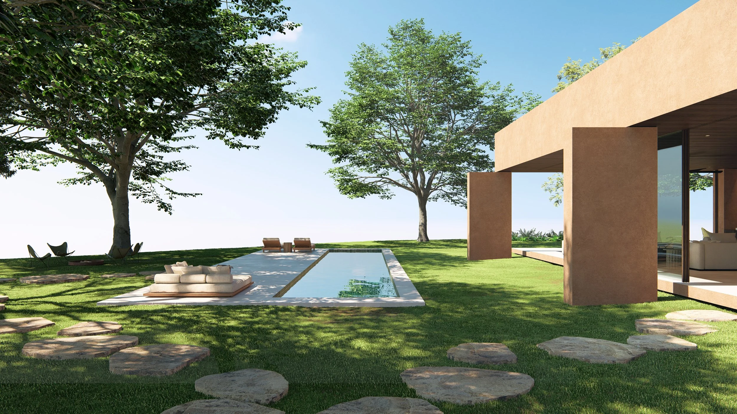 A minimalist pool area surrounded by green lawns, designed as the heart of tranquility on a 5,700 sqm site.