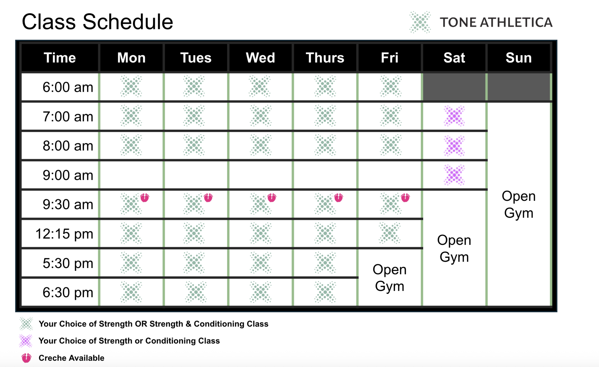 Tone Athletica Timetable. Classes from 7am-7pm