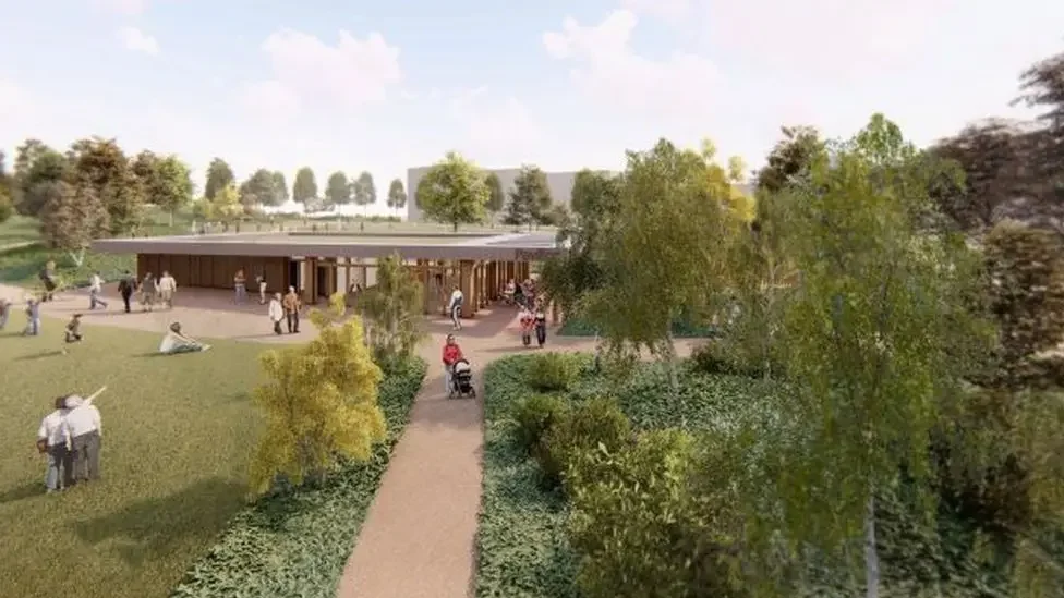 Generated image of Springfield Park with greenery, trees, paths and people walking and relaxing. An impression of a community building in the centre.