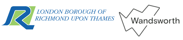 London Borough of Richmond upon Thames and London Borough of Wandsworth logos. The 'R' of Richmond is stylised and the name 'Wandsworth' is in a black outline of its boundary