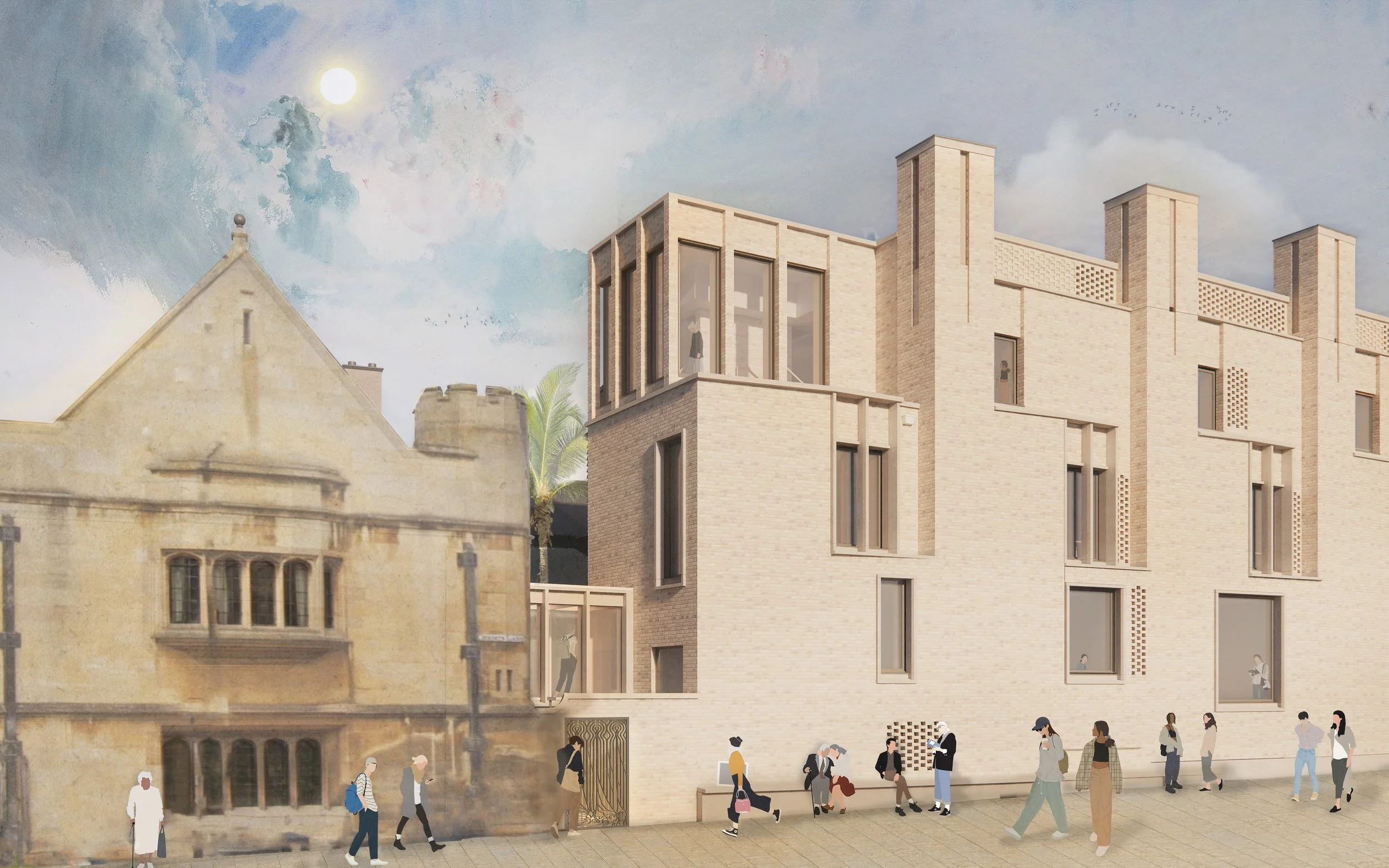 Impression of the new Library+ at Christ's College from Christ's Lane. A new building is connected to the old building by an ornate gateway. The lane is busy with pedestrians.