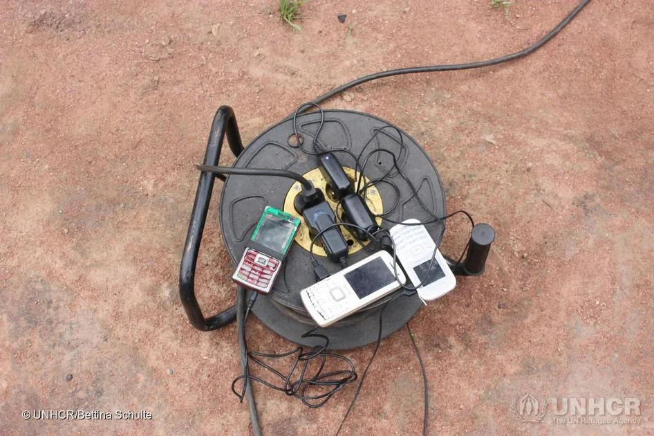 Mobiles charging in a vocational training centre for Central African refugees in Chad