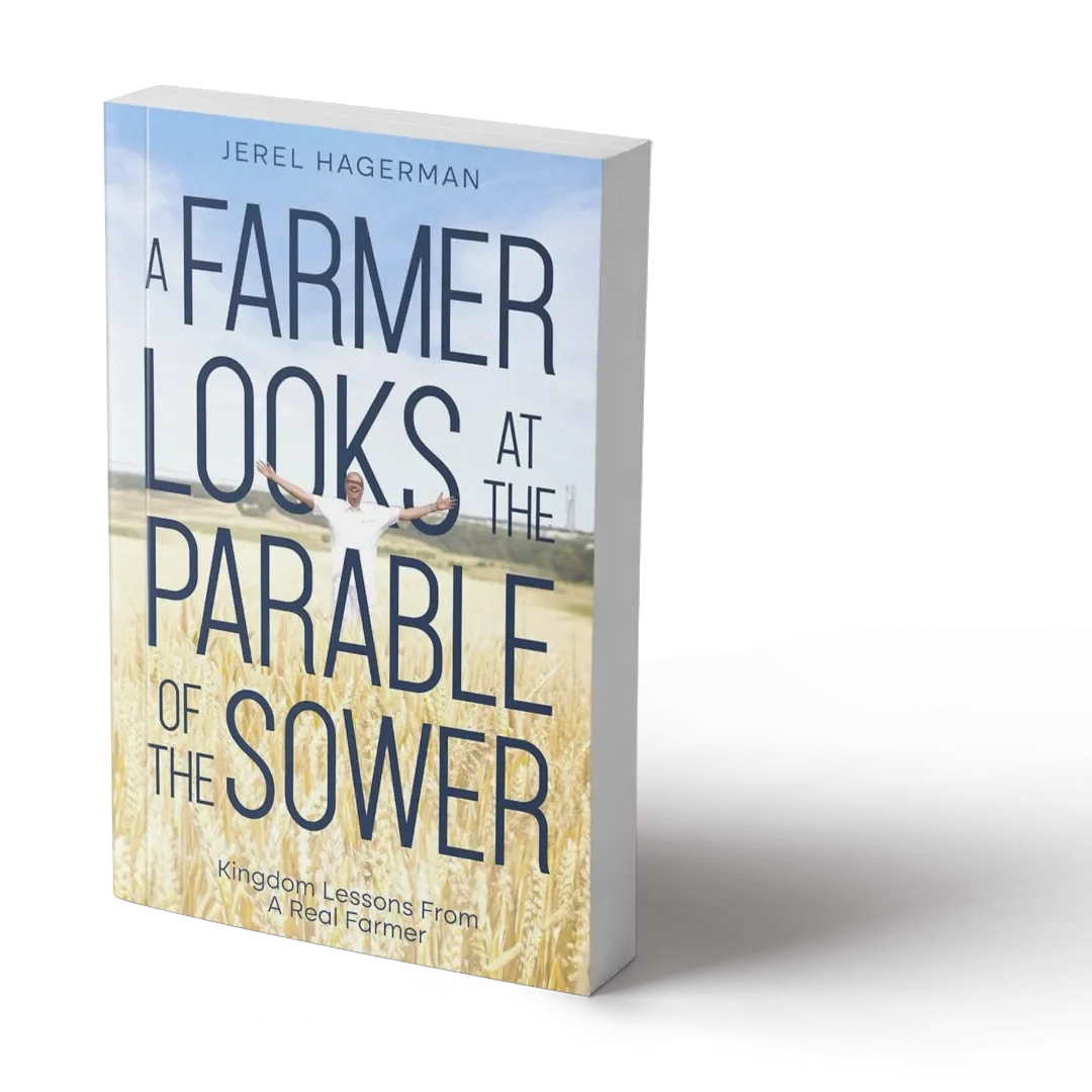 Book cover titled 'A Farmer Looks at the Parable of the Sower' by Jerel Hagerman, featuring a farmer standing in a wheat field with open arms, blue sky with clouds in the background.