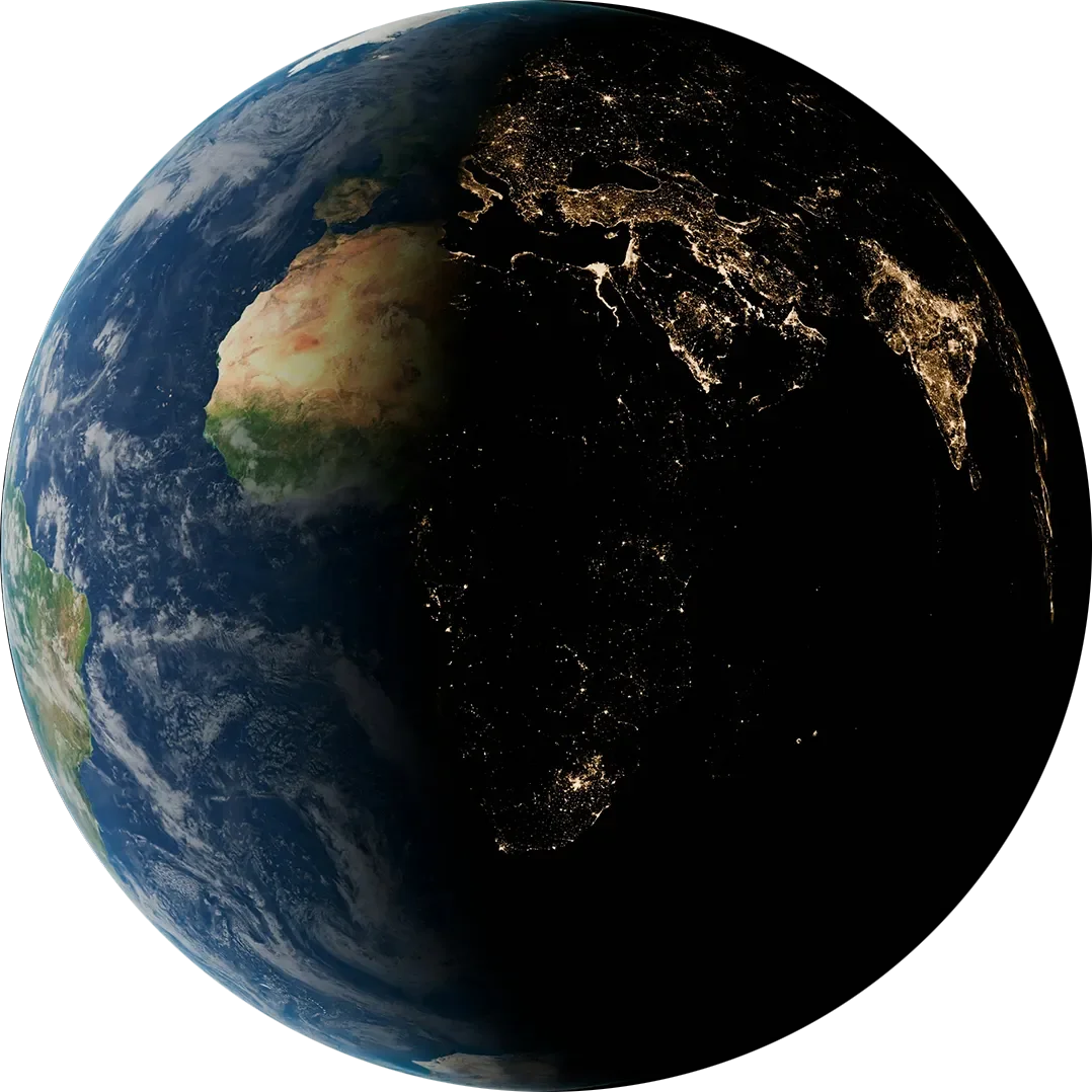 Earth from space showing Africa, Europe, and parts of Asia with city lights visible at night.