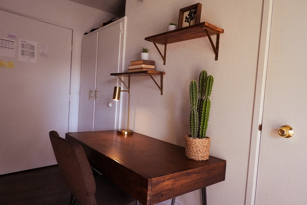 A wooden desk with a green potted cactus in a woven basket, a brass desk lamp, and floating wooden shelves with small potted plants and books, in a room with white walls and a white door.