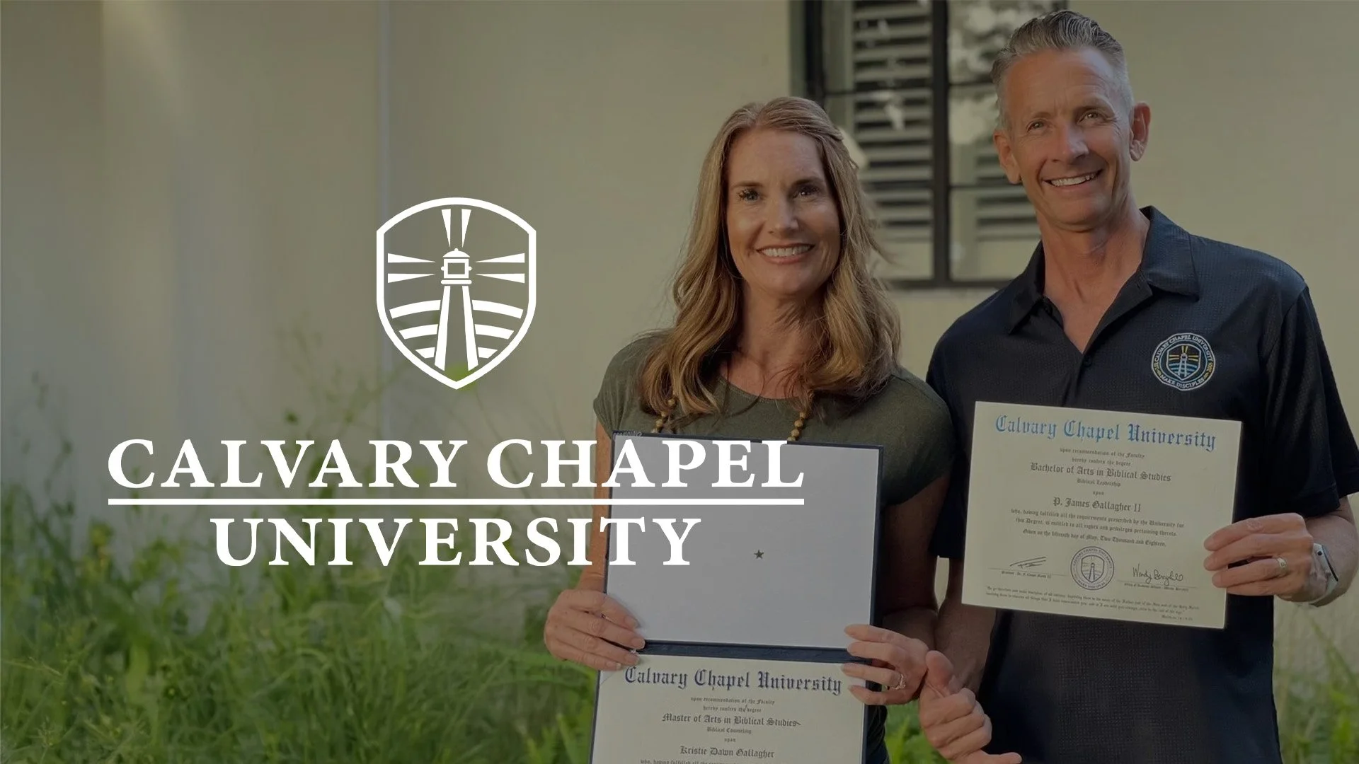 Two people standing outdoors holding academic diplomas, with the Calvary Chapel University logo overlayed on the image.