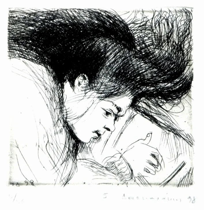 Stefanos Daskalakis</br></br><i>Pupil Resting</i></br></br>Etching</br></br>5 x 5 in.</br></br>1998