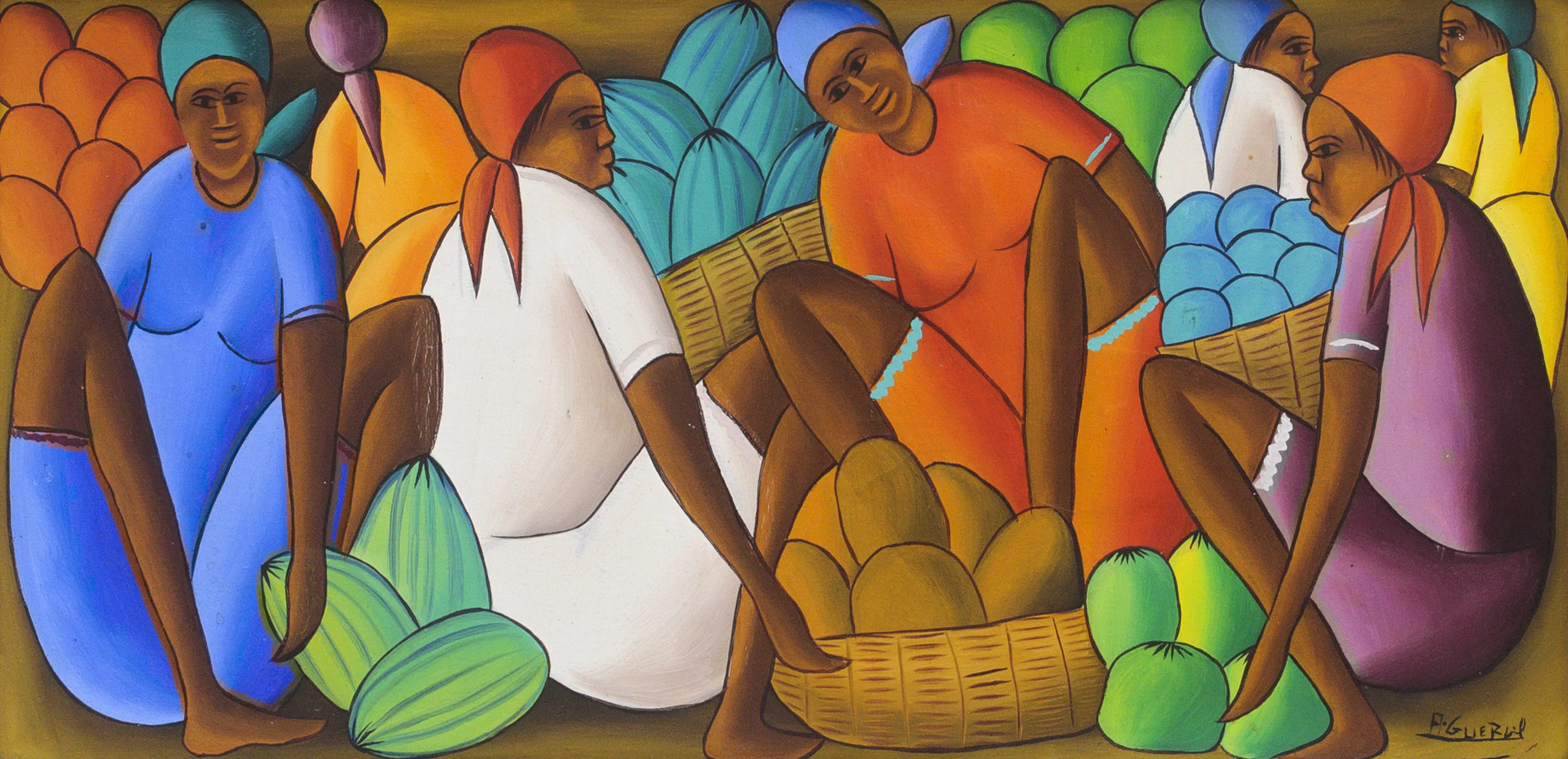 <i>Untitled (women with baskets of fruit)</i></br></br>Acrylic on canvas</br></br>12 x 24 in.