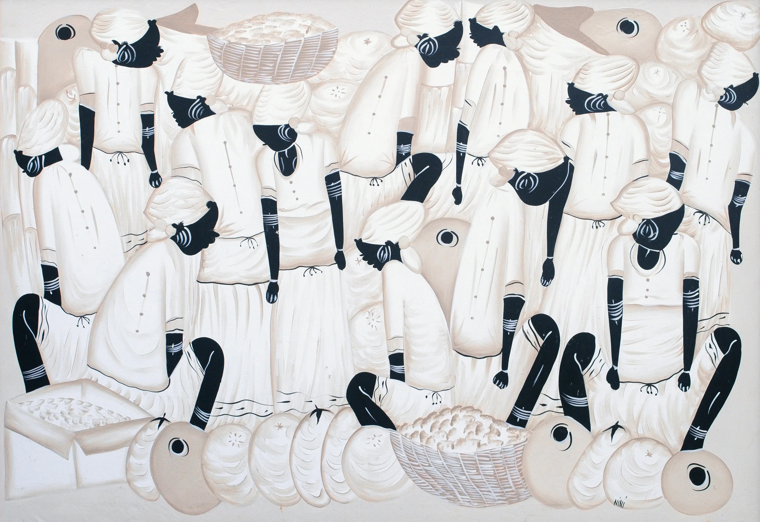 NiNi</br></br><i>Untitled (women with gourds and baskets)</i></br></br>Acrylic on canvas</br></br>39 x 55 in.