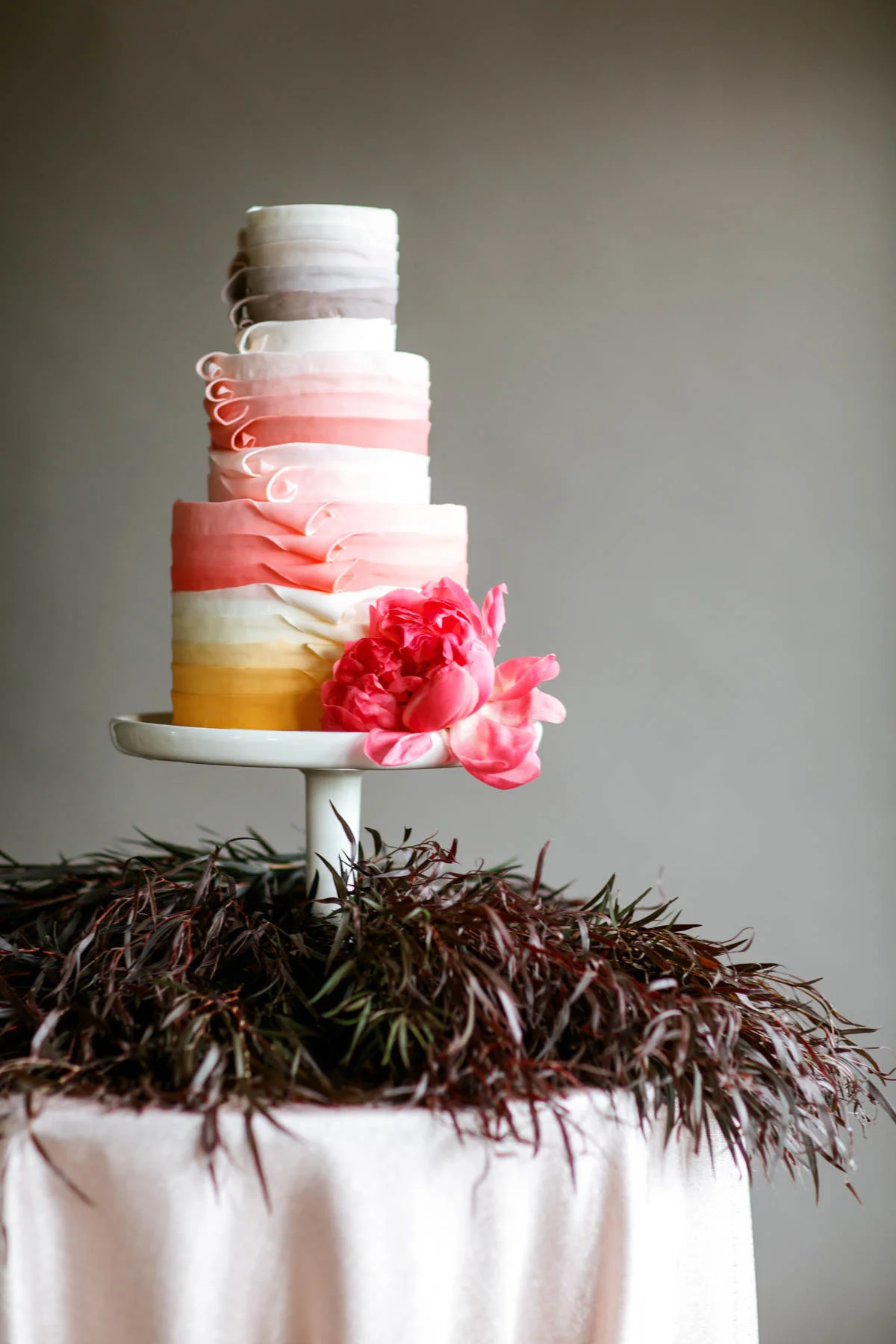 OMBRE LAYERED RUFFLE WEDDING CAKE INSPIRATION GREY PEACH BLUSH CORAL
