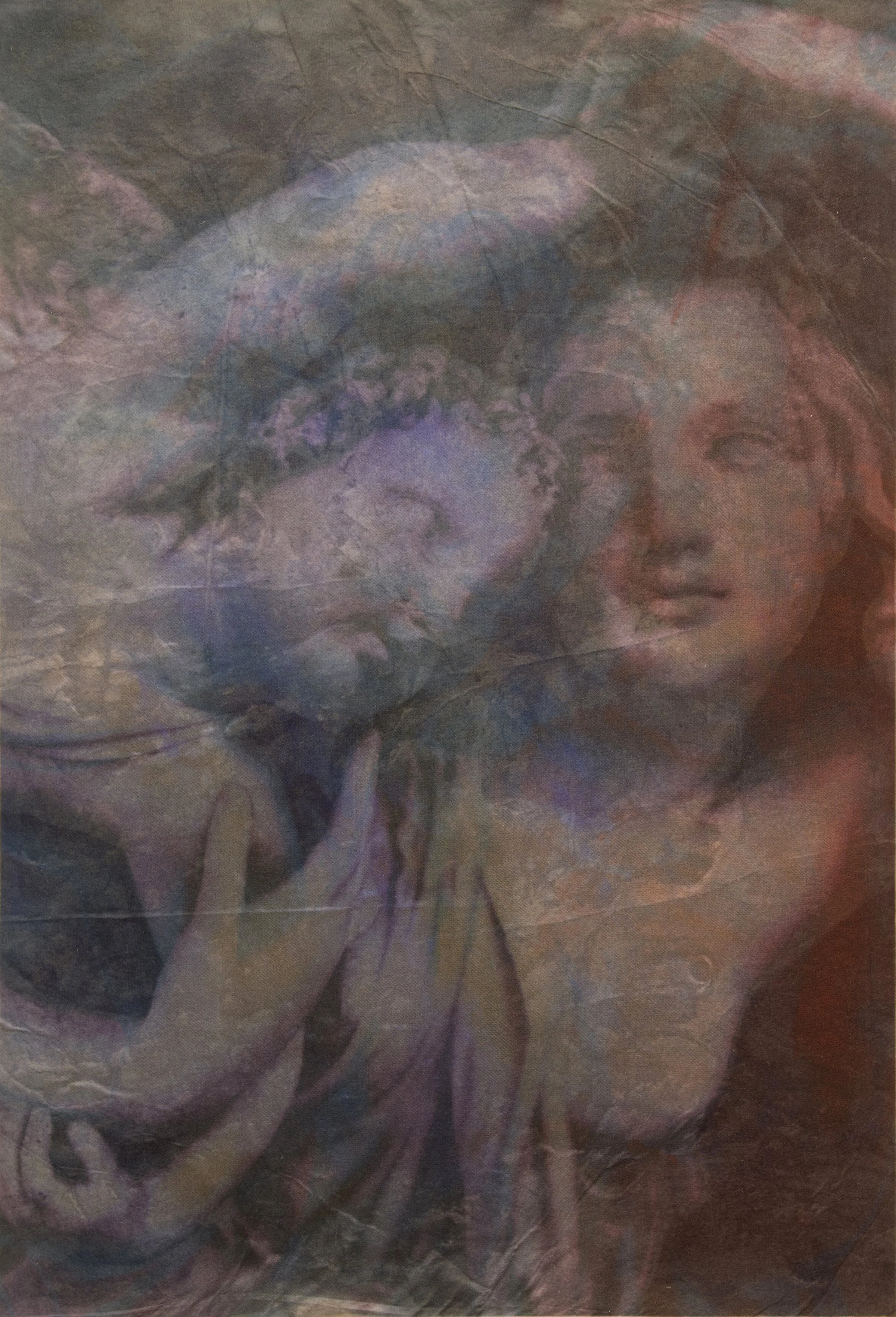 Stone faces 105B (printed fabric version mounted on wood-mixed media)