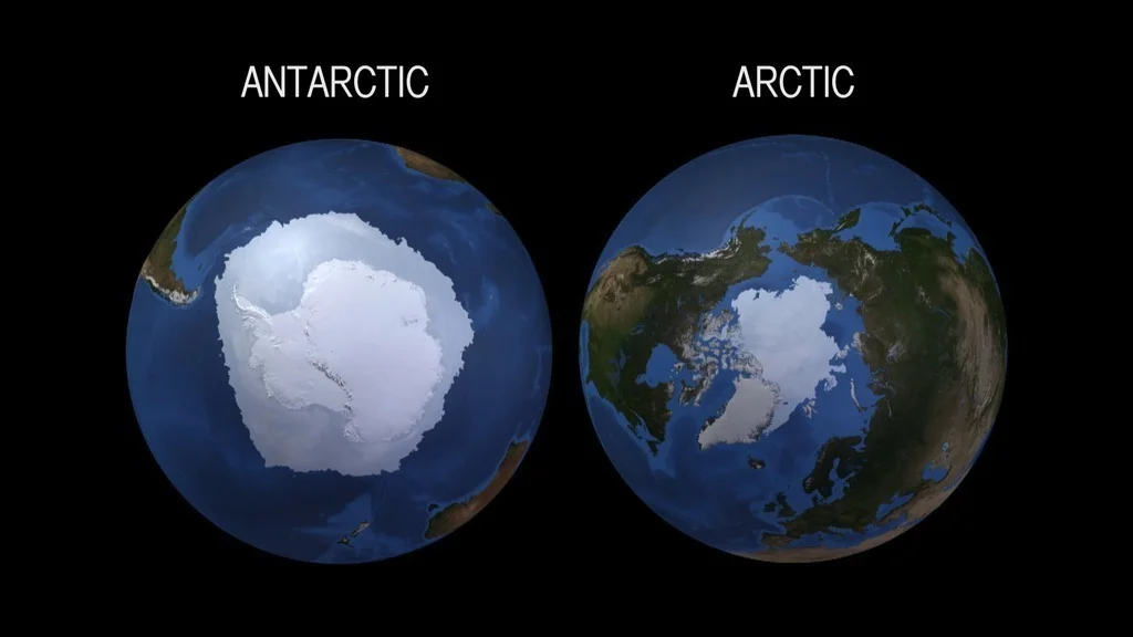 Antarctic sea ice surrounds an island, whereas Arctic sea ice is largely enclosed by continents. Figure shows northern hemisphere summer sea ice extent, so Arctic sea ice coverage is anomalously low and Antarctic coverage is anomalously high. Figure credit: NASA Global Climate Change Blog