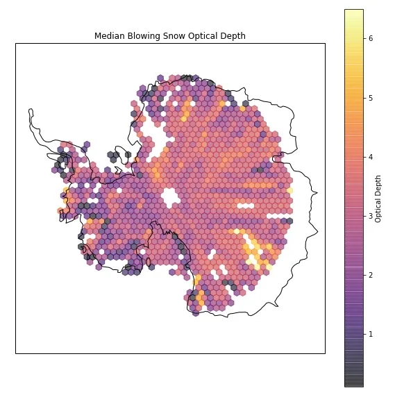 Eric Keenan’s (@EricKeenanCU) plot of blowing snow optical depth over Antarctica. The optical thickness is higher over East Antarctica (figure right) in agreement with published work.