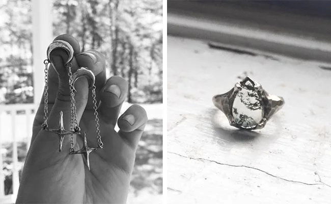 Mary Gallagher | Sidus Drops Studs | Moss Agate Doublet Ring