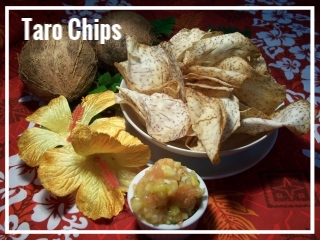TARO CHIPS AND PINEAPPLE SALSA Taro is a quintessential staple of Hawaii. On the Islands, it is often pounded and served as “poi“. At Chicago Luaus, we special order our taro from California. Our staff slices the taro root fresh the day before your luau event for a product similar to a potato chip. We then add the final touch of Hawaii with a homemade pineapple salsa. Quantities sufficient for 30 guests, $75 Quantities sufficient for 90 guests, $200 