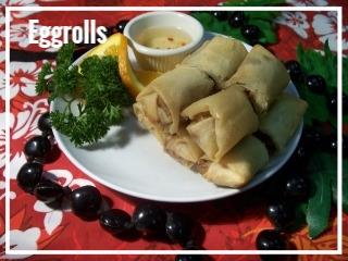 EGG ROLLS BORA BORA Our egg rolls are “no ka oi” (the best). As with all of our menu, this dish is made from scratch starting with marinated ground pork, a variety of vegetables, our secret seasonings, crispy spring roll wrap, and served with a delicious Filipino dipping sauce. Egg rolls can be made with your choice of either pork or vegetarian. Pork & Veggie: Quantity of 30, $50 Pork & Veggie: Quantity of 90, $135 Vegetarian: Quantity of 30, $45 Vegetarian: Quantity of 90, $125