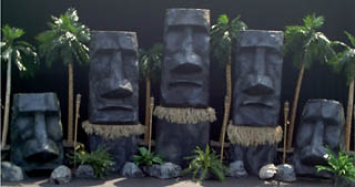 'EASTER ISLAND' BACKDROP SCENE Set dimension are approximately 25' wide x 12' high x 6' deep. This scene is great for grand decor, large stage backdrops, large photo stations, and special focal points. This is the scene to choose when you want to go outside the box of the traditional Hawaiian decor. $1700
