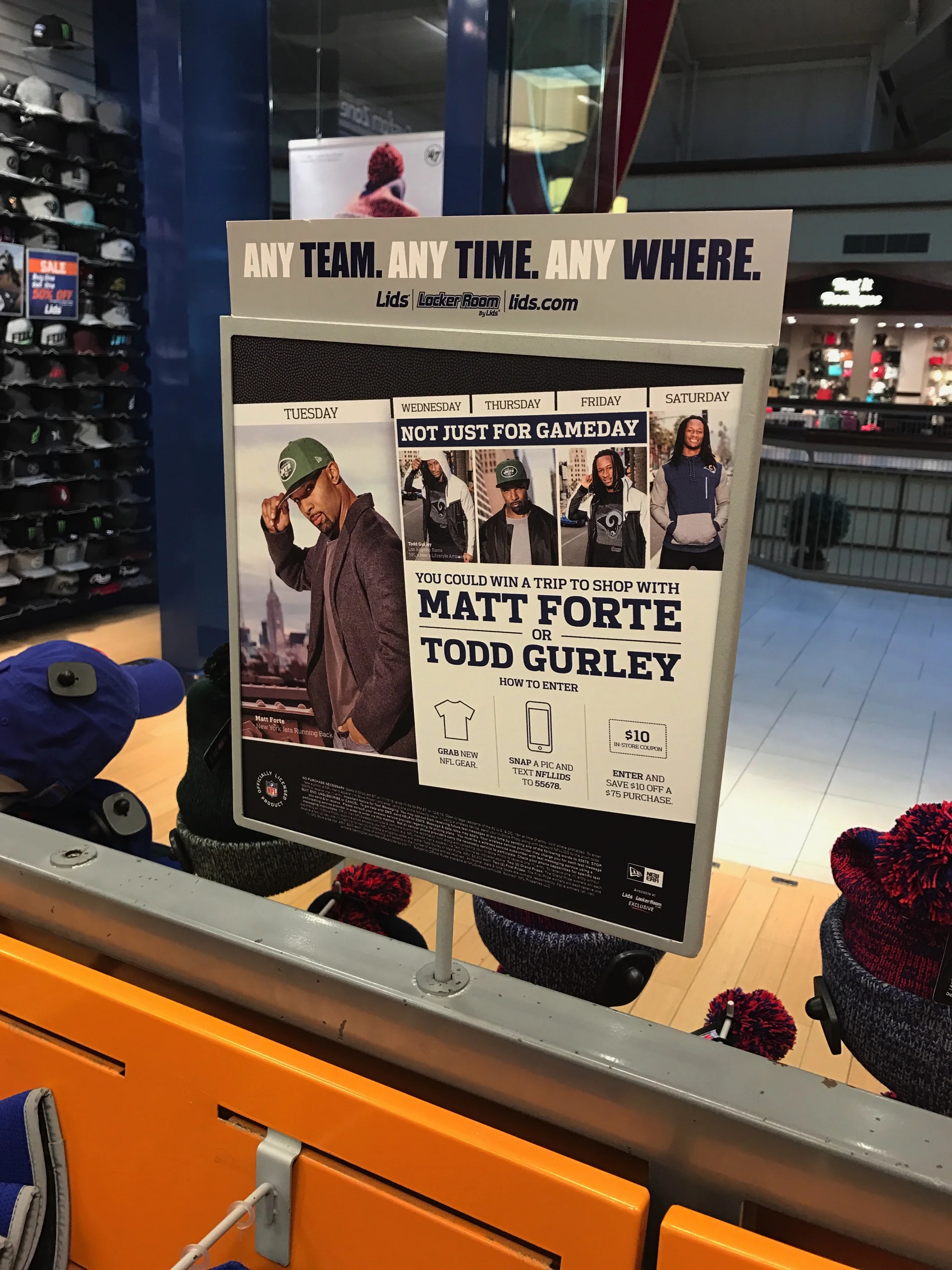  Shoppers had the chance to win a style session with an NFL player by picking up and texting a picture of NFL apparel.&nbsp;Upon entry, shoppers also received a behind-the-scenes video and a coupon.&nbsp; 