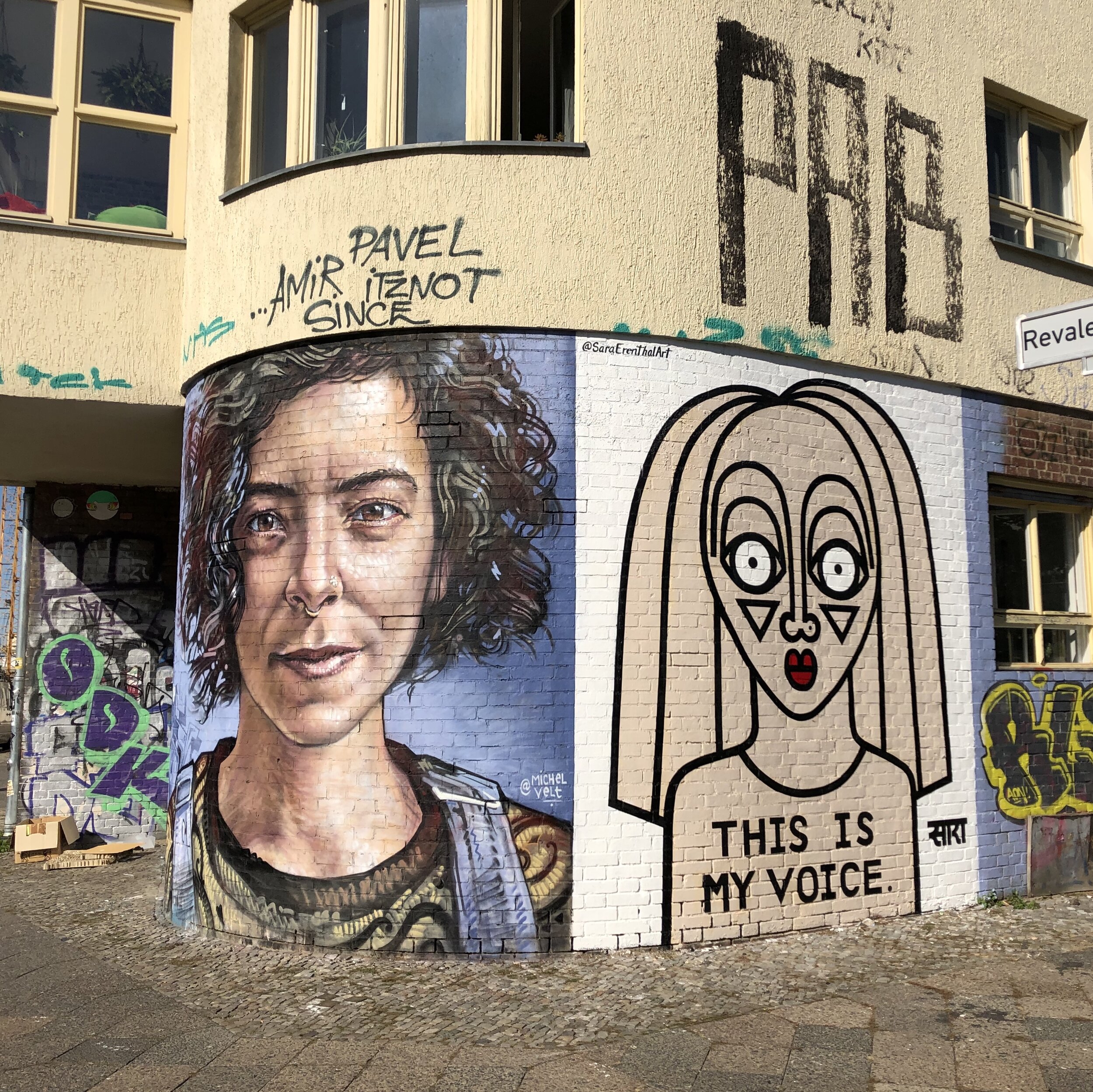  Mural in Berlin, Germany alongside a portrait of Sara Erenthal painted by Michel Velt.  2019 