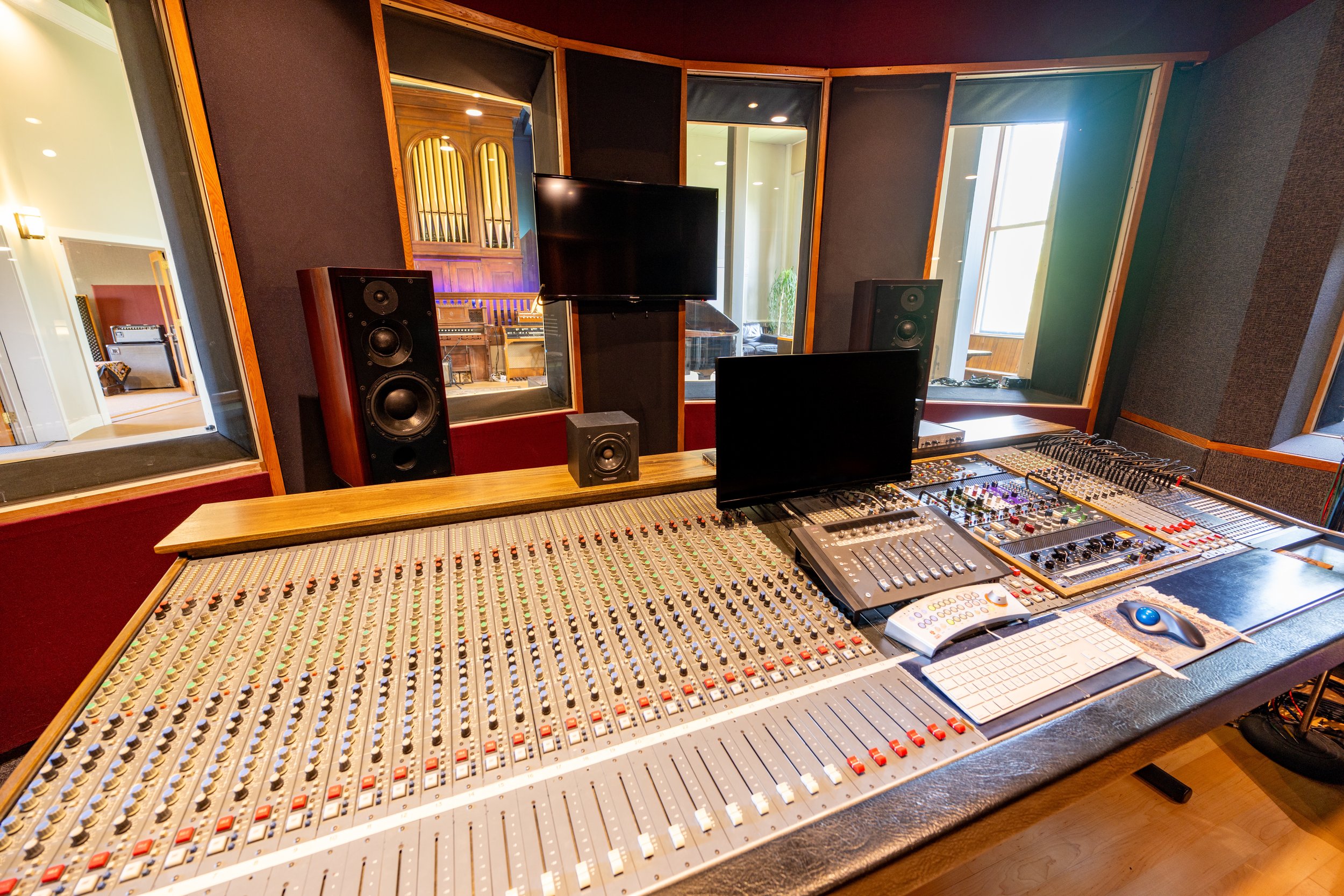 A look at the front of the control room with our modded DDA AMR24 analog console.