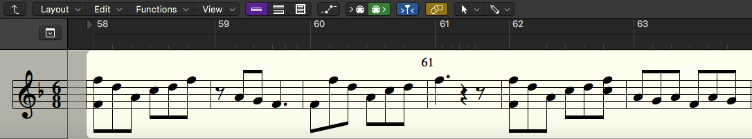 This melody is actually doubled in the Guzheng. You might also notice some double stops: I wrote both the Erhu and the Guzheng with multiple phrases at times, which would necessitate two of each respective instrument. I guess a quartet wouldn’t really apply anymore…but, these things never really stay the way I plan them to. Also, notice how the rhythm of this melody is very similar to the Xiao’s, in that there is little to no syncopation and everything is built off of the downbeats. As you’ll see in the Guzheng line, there are some minor polyrhythmic ideas going on, but overall, I wanted everything to stay moving and melded together (as I mentioned earlier).
