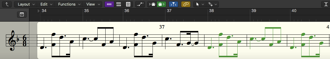 The Guzheng line is my favorite that I’ve written so far, just based on how it sounds. I was able to find a really excellent sounding Guzheng VST, which works perfectly for the wide range of octaves I have written (including, not pictured here, another written line specified for Guzheng tremolos).