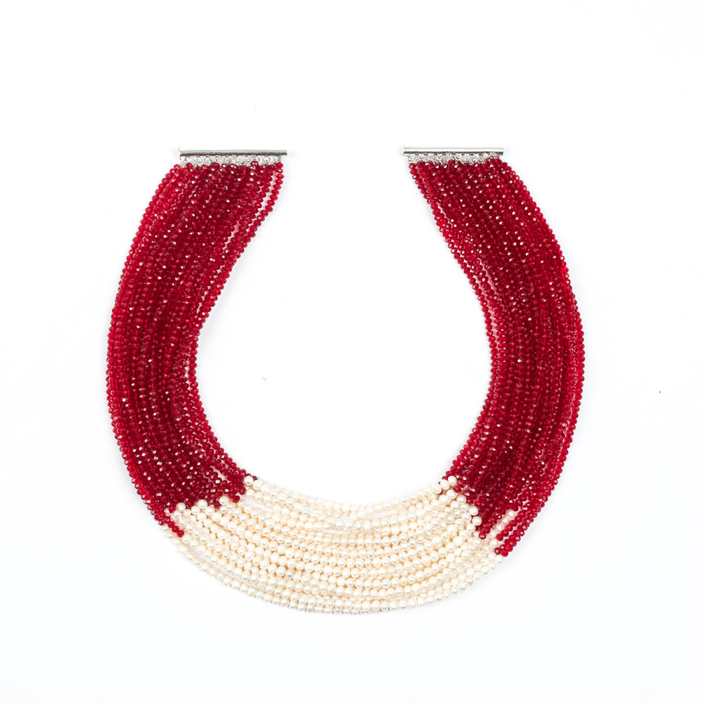  Dramatic Pearl and Red Crystal Necklace