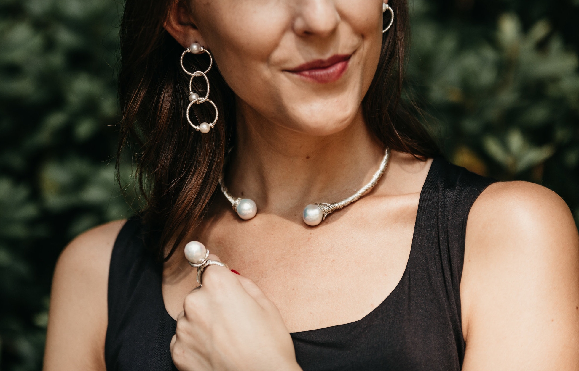 Wire Wrapped Silver and Pearl Collar Necklace Jet Couture Jewels