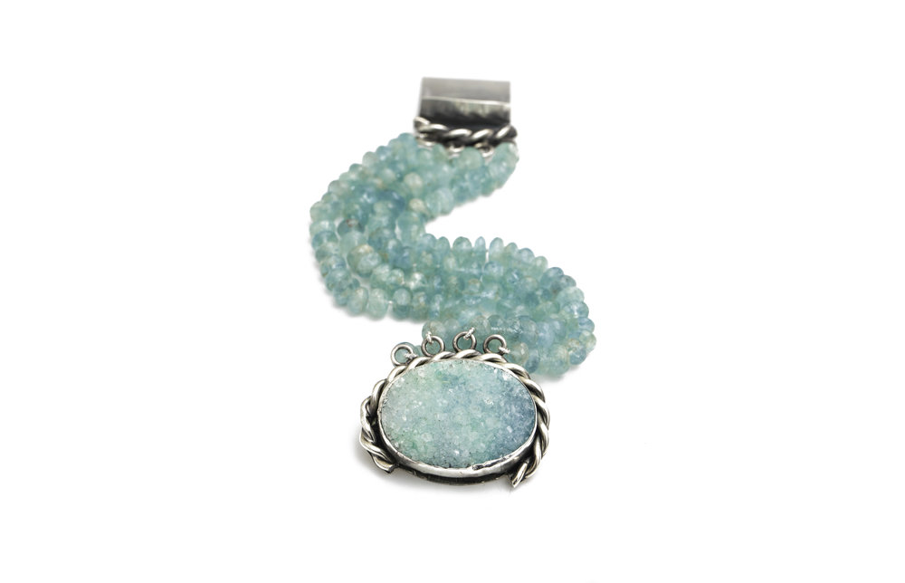 Aquamarine and Druzy Jet Gemstone Bracelet