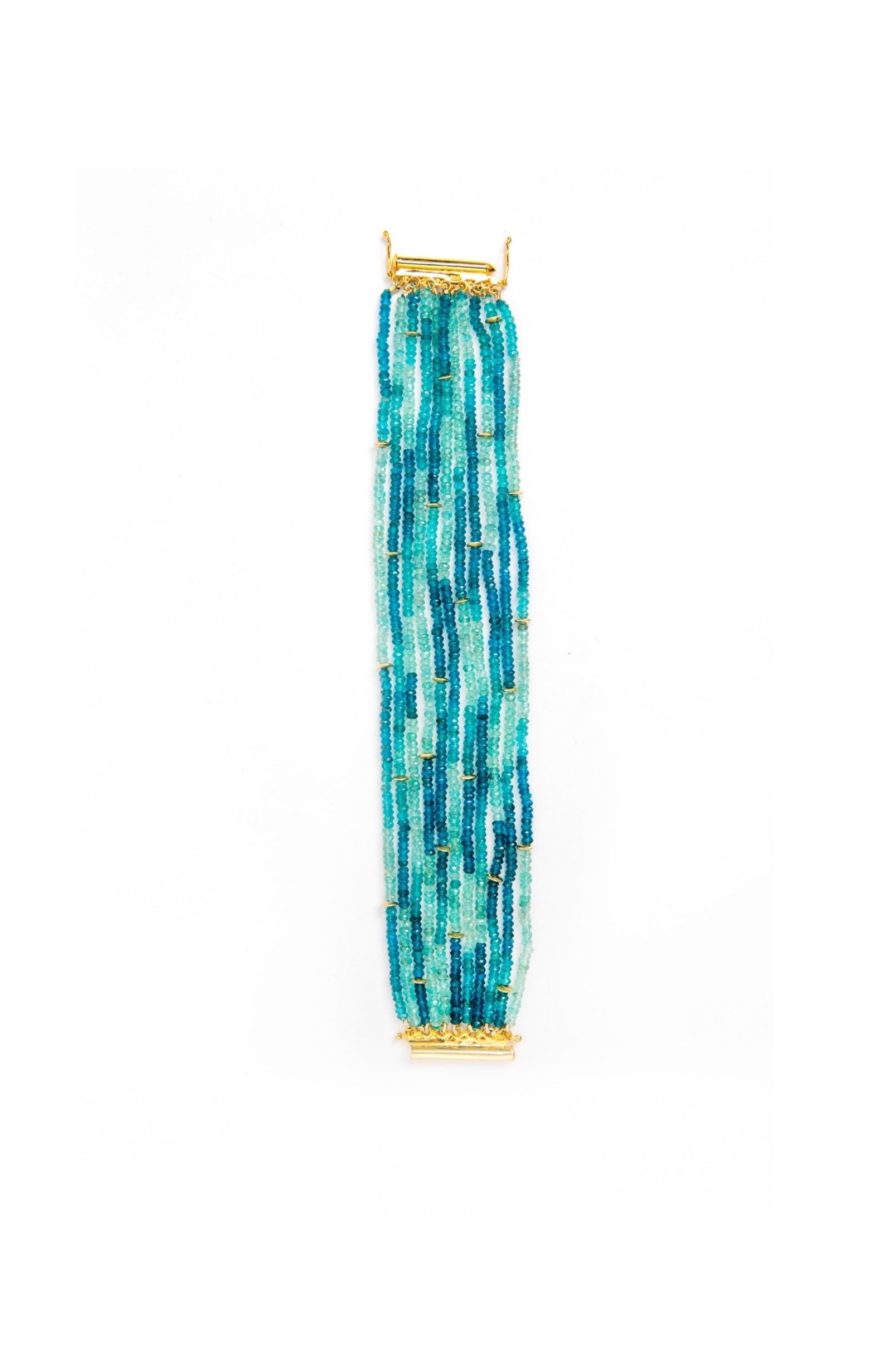 Multi-strand apatite gemstone bracelet with 14k gold-filled accents and gold vermeil clasp on white background