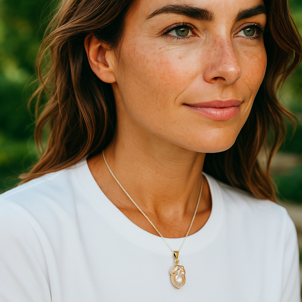 Handcrafted baroque pearl necklace layered on model with sterling silver strands, available in black, pink, or white pearls