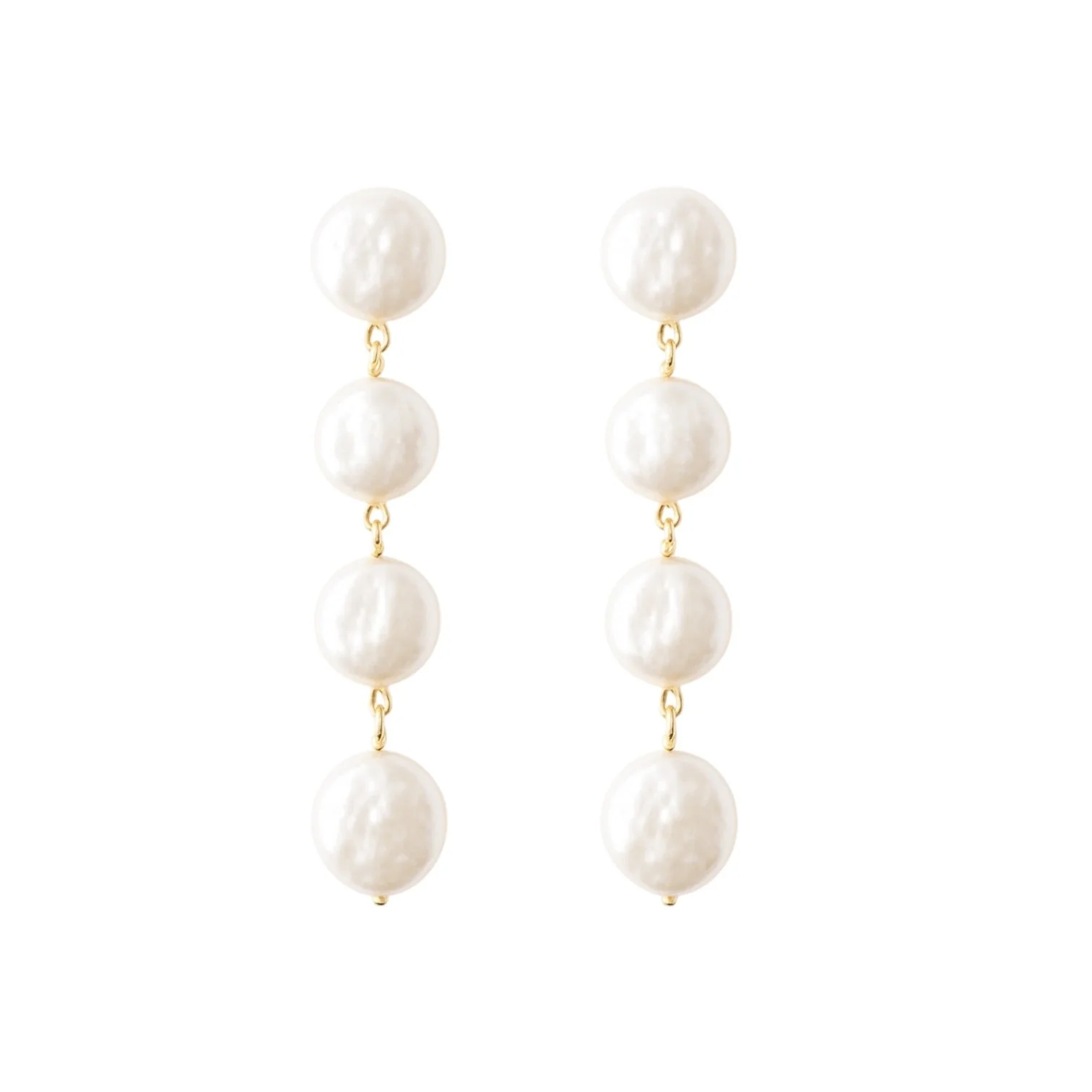 Four freshwater coin pearls connected by gold-plated wire, forming elegant drop earrings photographed on a white background.