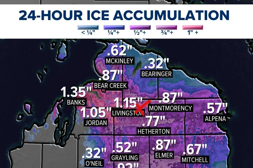  The ‘X’ is where our cottage is located, 12 km east of Gaylord, where ice totals were in the 1-1.15” range.  A 1-inch layer of ice can add approximately 5lbs per square foot, leading to significant tree damage. 